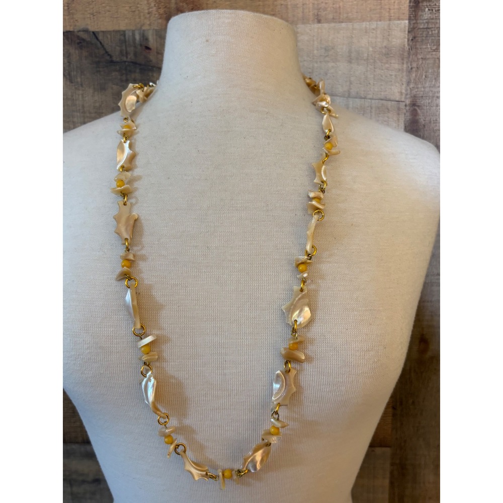 Vintage Mother of Pearl Carved Shell Long Necklace Iridescent Yellow Beads